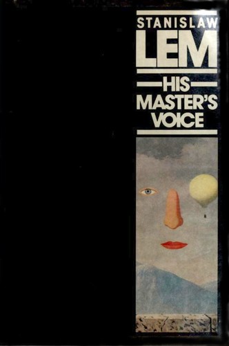 Cover of the His Master's Voice paperback edition by Stanislaw Lem, showing an abstract radio-signal design against a dark desert backdrop