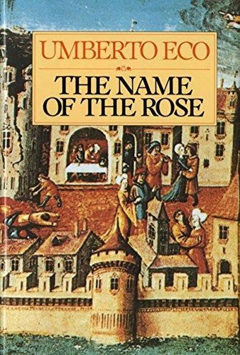 Cover of The Name of the Rose paperback edition by Umberto Eco, showing a monastery silhouette against a dark medieval-manuscript backdrop