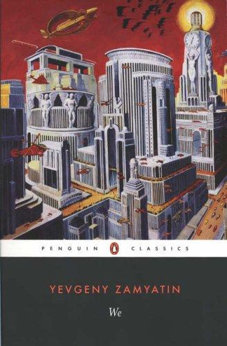 Cover of the We paperback edition by Yevgeny Zamyatin, showing a stark geometric grid pattern in cool blues and greys