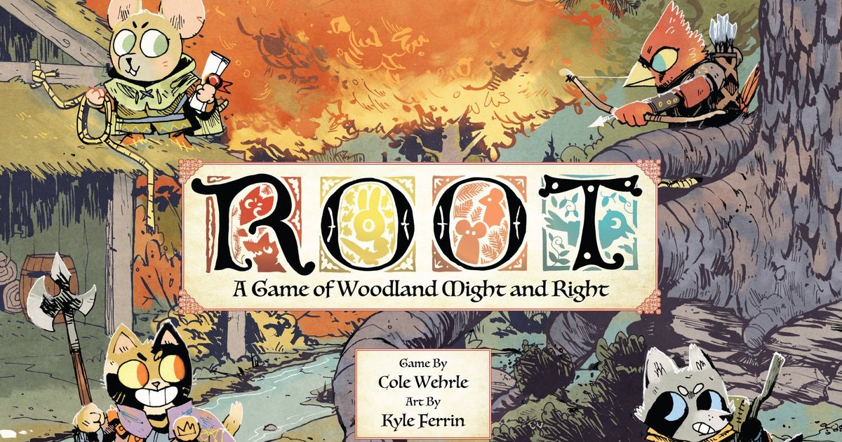 Box art for Root showing woodland animal factions, a cat marquise, birds, and a lone vagabond mouse in a forest setting