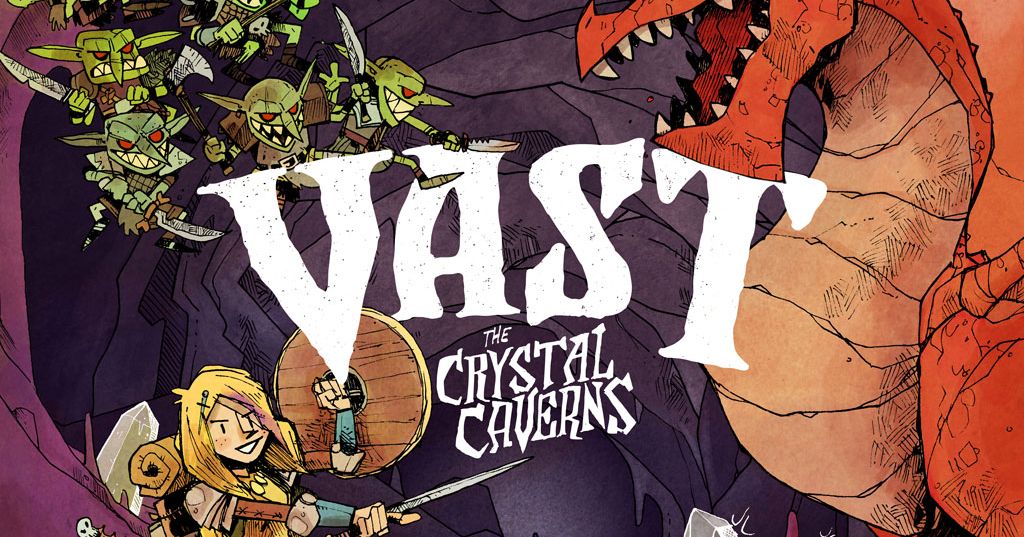 Box art for Vast: The Crystal Caverns showing a knight, goblins, a dragon, and a cave entrance in a stylized underground scene