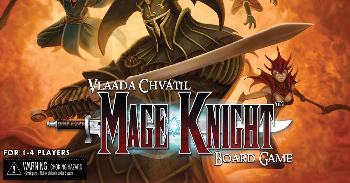 Box art for the Mage Knight Board Game showing an armored knight riding through a fantasy landscape of ruins and monsters